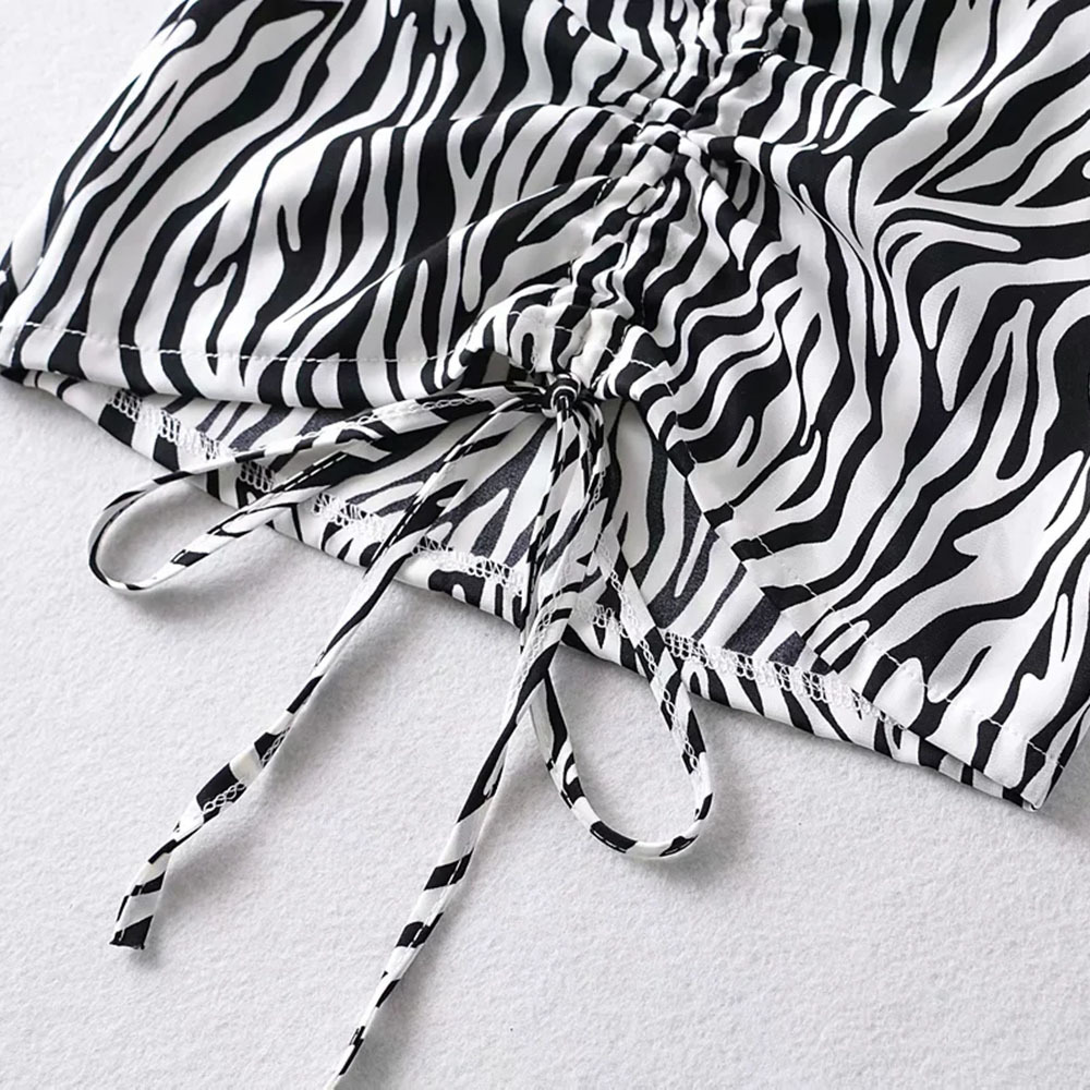 Women Sexy Fashion Chest Drawstring Zebra Pattern Shirts Street Clothes Girls Short Sleeve Chic Tops 210520