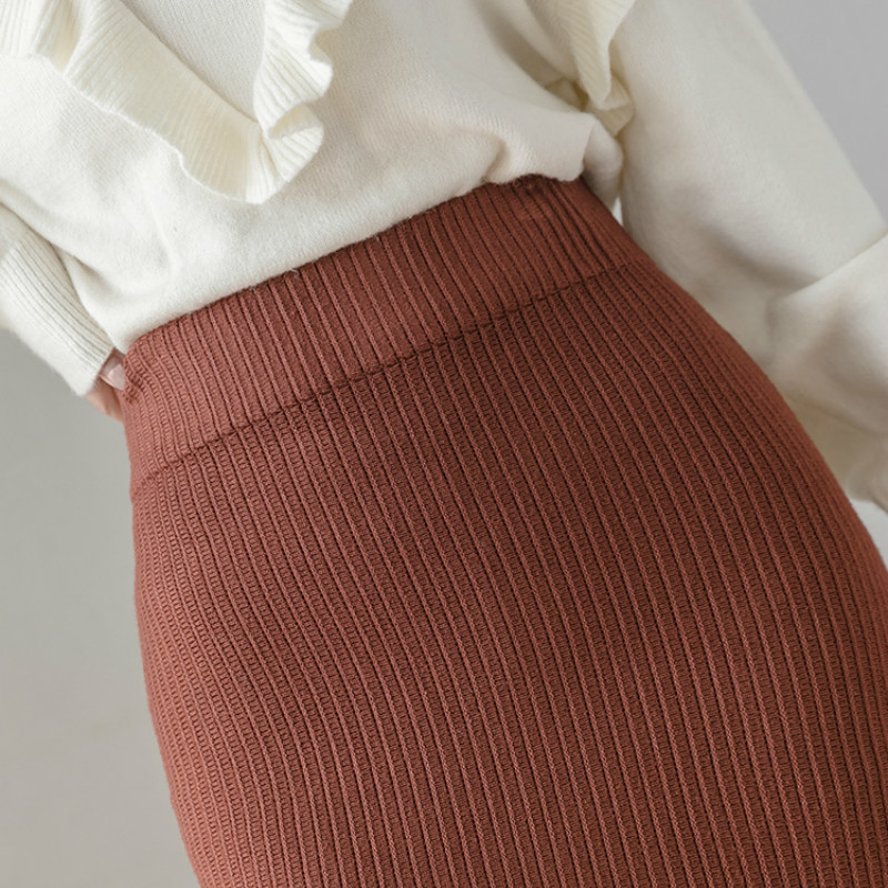 NIJIUIDNG Autumn Nylon Knitting Skirts Ladies Vintage Elastic High Waist Ruffles Solid Mermaid Mid Calf Female 210514