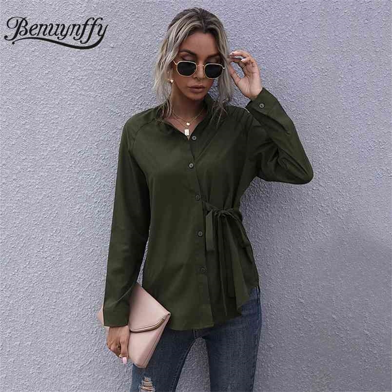 Stand Collar Knot Front Casual Women Shirt Spring Button Up Long Sleeve Blouses Shirts OL Female Solid Tops 210510