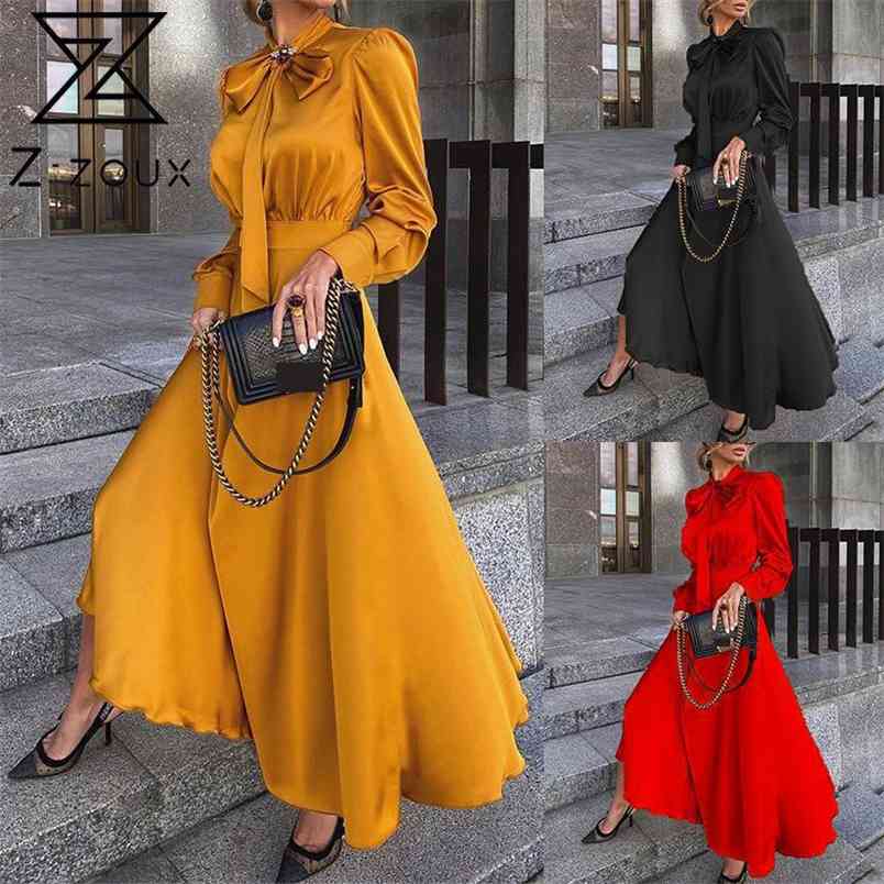 Women Dress Temperament Bow Tie Maxi Long Sleeve High Waist Large Hem Ladies es Black Red Autumn 210513