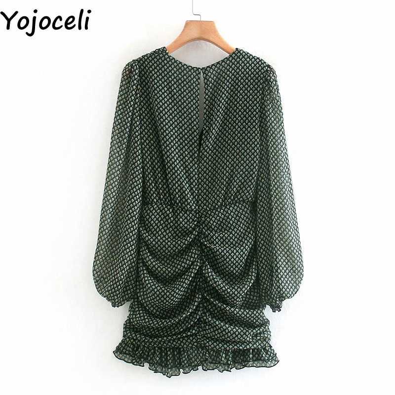 Yojoceli Elegant v neck print ruffle short pleated dres Autumn casual cool chiffon 210609