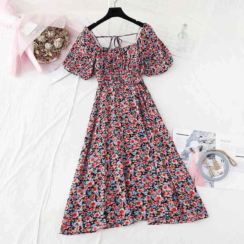 Purple Print Floral Dress Women Puff Sleeves Square Neck Party Chiffon Midi Dress Summer Casual Beach Bandage Dresses 210521