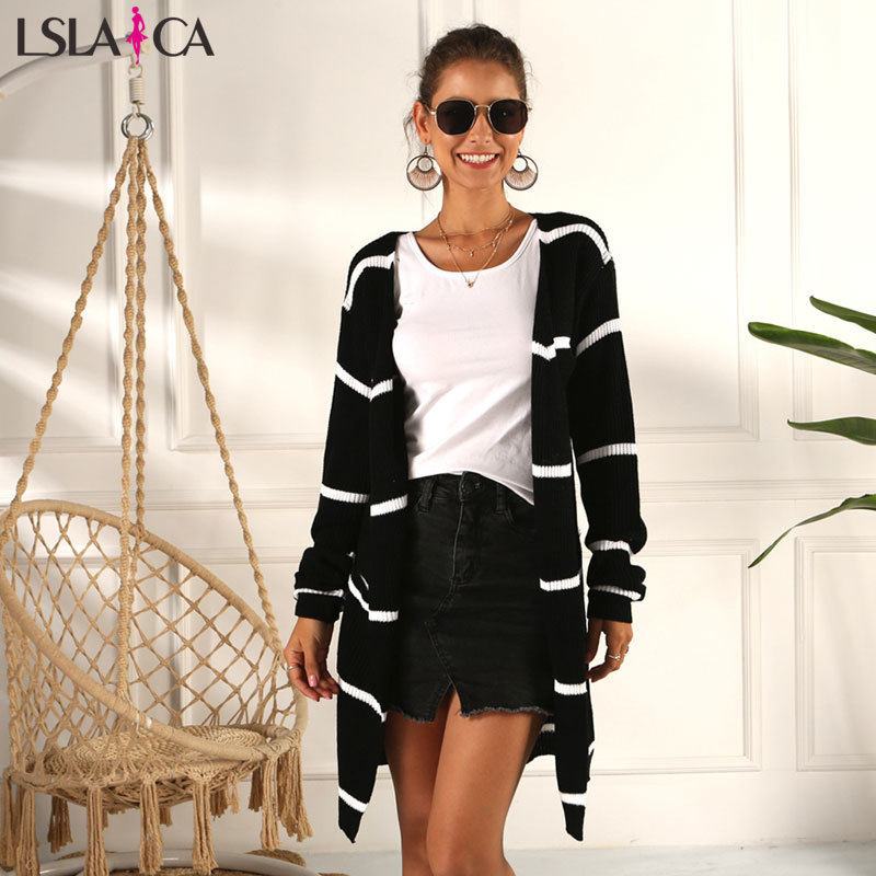 street hipster sweater long black and white stripes contrast color fashion wild cardigan windproof jacket autumn 210520