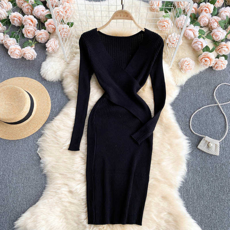 DEAT Women Cross V-neck Knitting Dress Long Sleeve Arrivals Lady Sexy Fashion Temperament Spring Autumn 11D2023 210709