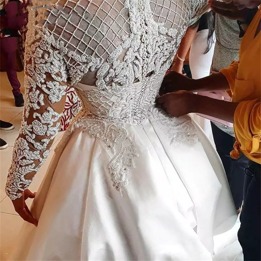 Satin puffy skirt Wedding Dresses Ball Gown Long Sleeve High Neck Lace Pearls Crystal Beading aso ebi african Bride Gown