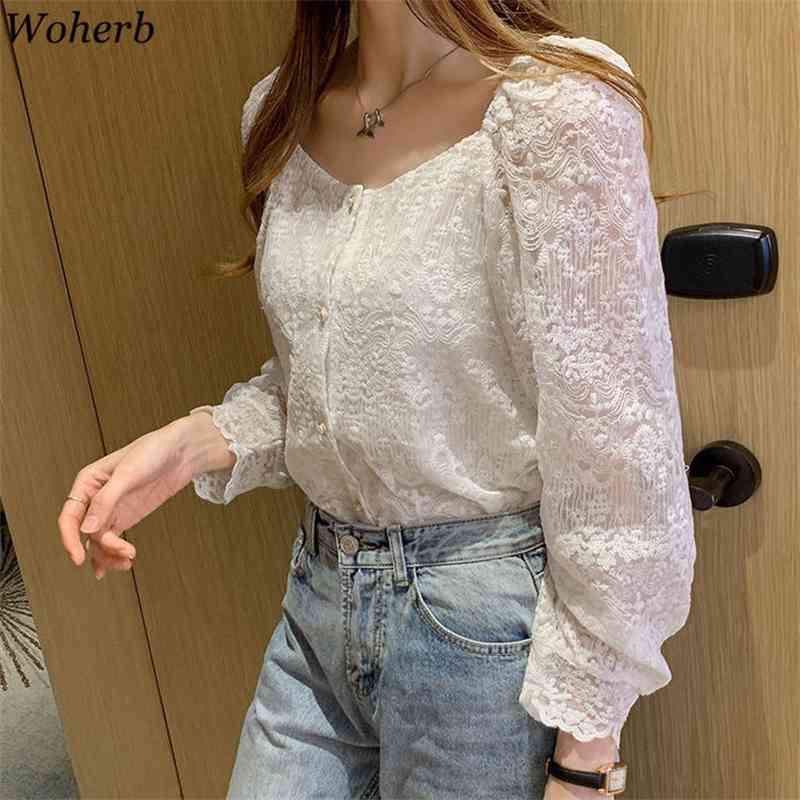 Korean Vintage Women Shirt Square Collar Fashion Lace Tops Crochet Hollow Out Loose All Match Long Sleeve Blusas Mujer 210519