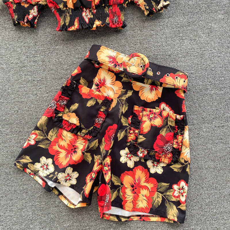 DEAT Women Slash Neck Printing Top Shorts Arrivals Two Piece Set Temperament Fashion Spring Summer 11D1562 210709