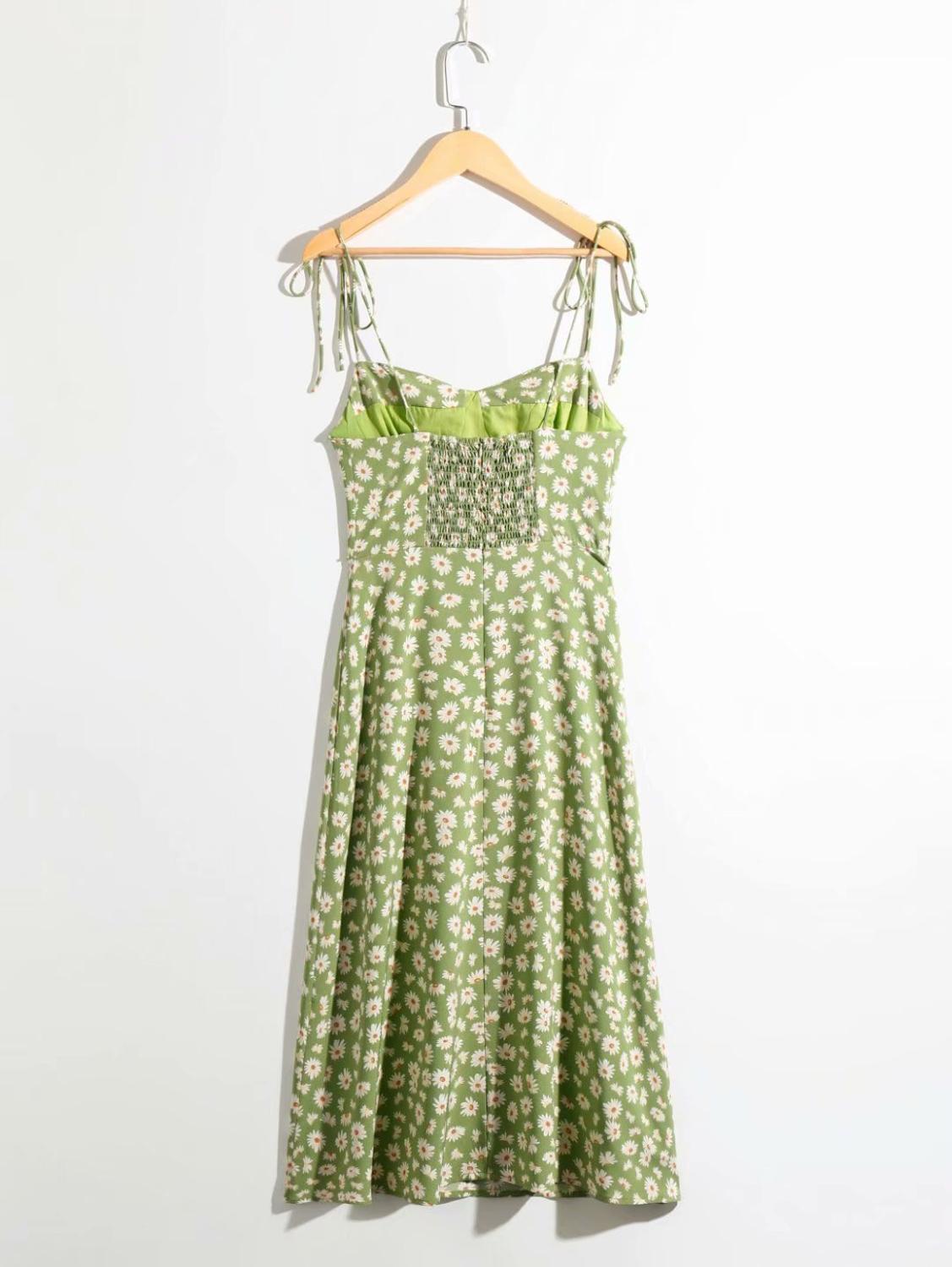 French Summer Daisy flower Print Bandage Spaghetti Strap White Midi Dress Retro Sexy Women Lacing Up Sling Slit Dresses Vestido 210429