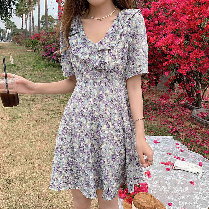 Women Dresses Summer Sexy V Neck Floral Print Boho Beach Dress Ruffle Short Sleeve A Line Mini Dress Wrap Sundress Robe 210515