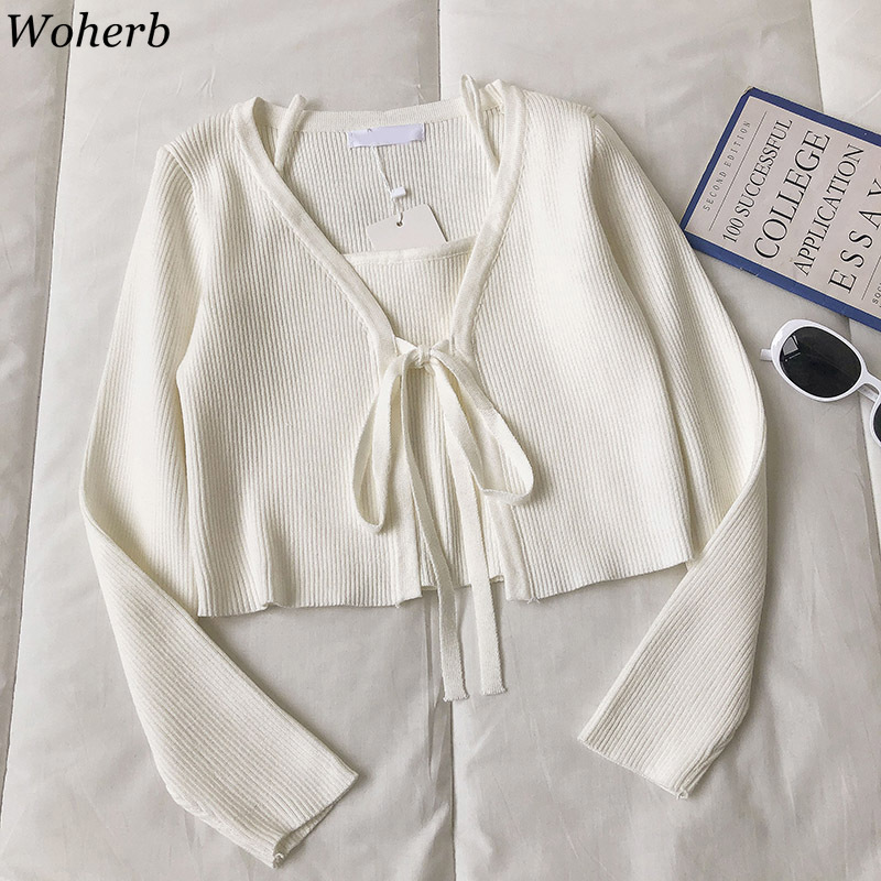 Korean Outfits Women Spring Summer Slim Two Pieces Set Bandage Knitted Cardigan + Vest Chic Fashion Solid Suit Femme 210519