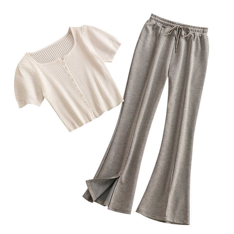 DEAT Women White Round Neck Puff Sleeve Top Split Long Pants Two Piece Set Fashion Temperament Spring Summer 11D778 210709