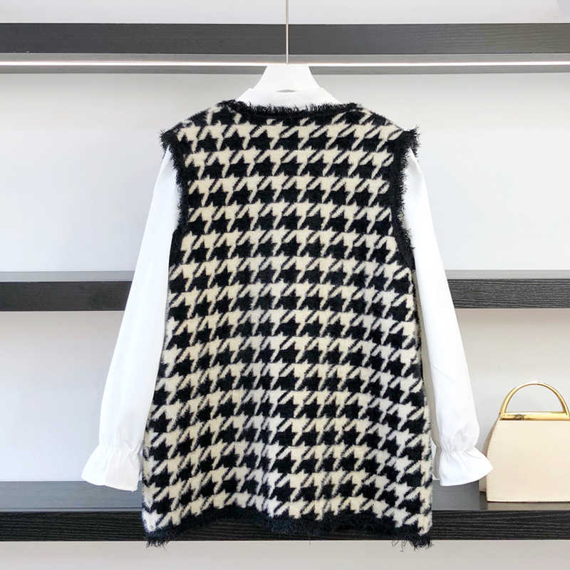 High Quality Houndstooth Faux Mink Fur Women Spring Autumn Single-Breasted Waistcoat Knitted Vest Sleeveless Jacket C-258 210910