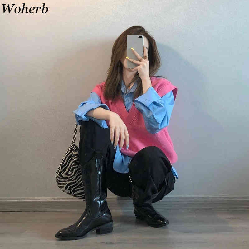Two Peices Set Women Korean Chic Outfits Pink Sweater Vest + Blue Long Sleeve Shirt Blouse Casual Suit Femme 210519