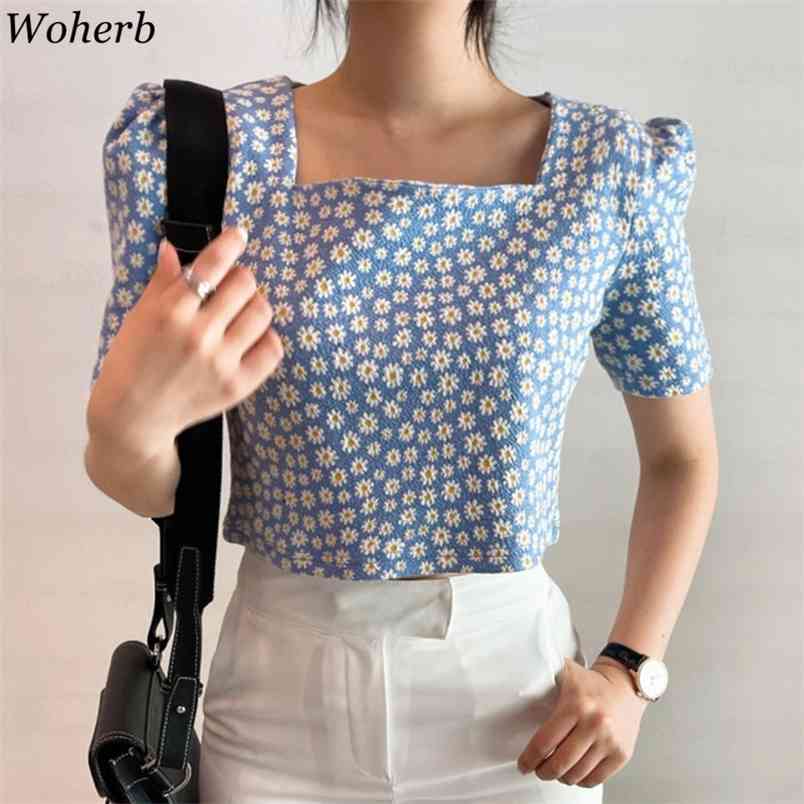 Square Collar Puff Sleeve Shirt Women Korean Chic Floral Daisy Print Crop Top Blouse Summer Casual All Match Blusas 210519