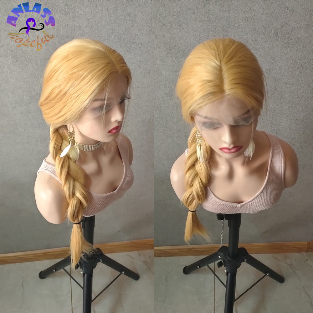 Free shipping 26'' Glueless 613 Honey Blonde Lace Front Synthetic Wigs Middle Part Straight Hair Pre Plucked Heat Resistant Fiber Natural Da