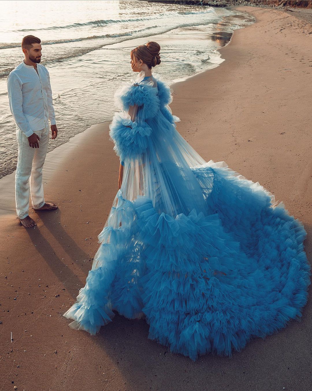 Illusion Sexy Women Blue Tulle Evening Dress Full Sleeves Outfit See Thru Ruffles Puffy Custom Made Party Gowns