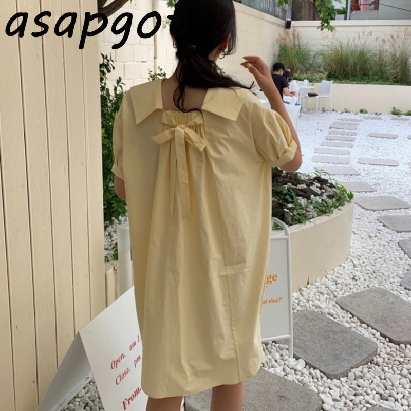 Dresses Summer Loose Back Lace Up Bow Yellow Double Breasted Dress Peter Pan Collar Girls Casual Clothes Fashion Wild Chic 210429