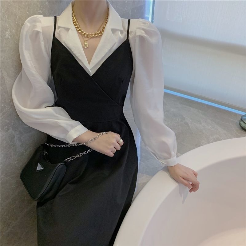 Nomikuma Korean Sweet Women Sets Elegant Puff Sleeve Blouse Shirt + Bow Bandage Sling Dress Spring Two Pieces Sets 6F746 210427