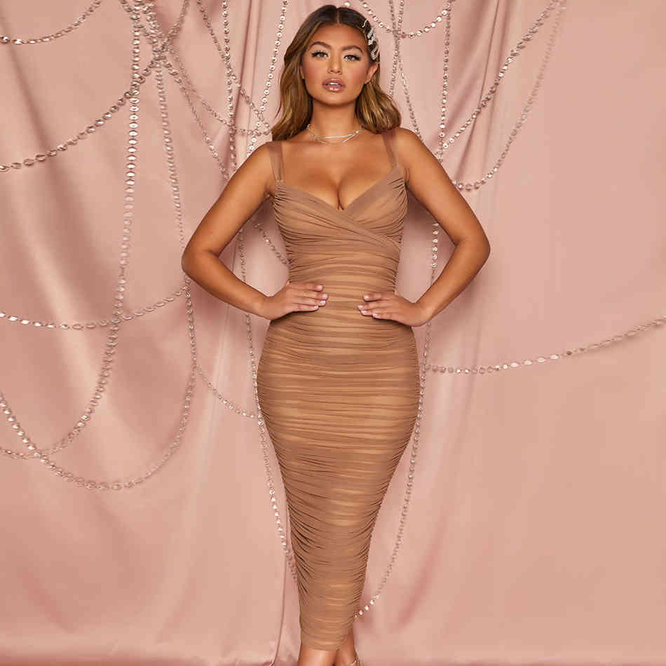 Summer Women Pink Bandage Dress Sexy Spaghetti Strap V Neck Red Draped Club Celebrity Runway Party Vestidos 210423