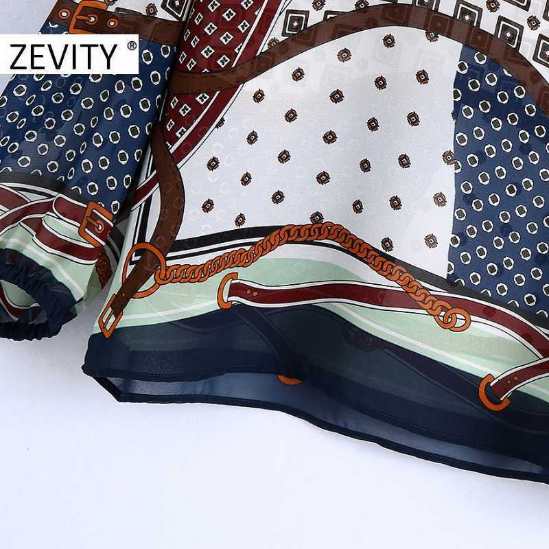 Zevity Women Vintage Geometric Patchwork Print Chain Blouse Retro Bow Tied Casual Chiffon Shirts Chic Femme Blusas Tops LS7294 210603