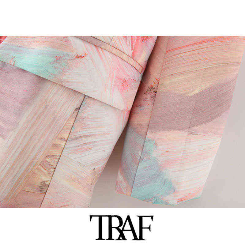 TRAF Women Fashion Double Breasted Graffiti Print Blazers Coat Vintage Long Sleeve Pockets Female Outerwear Chic Tops 211122