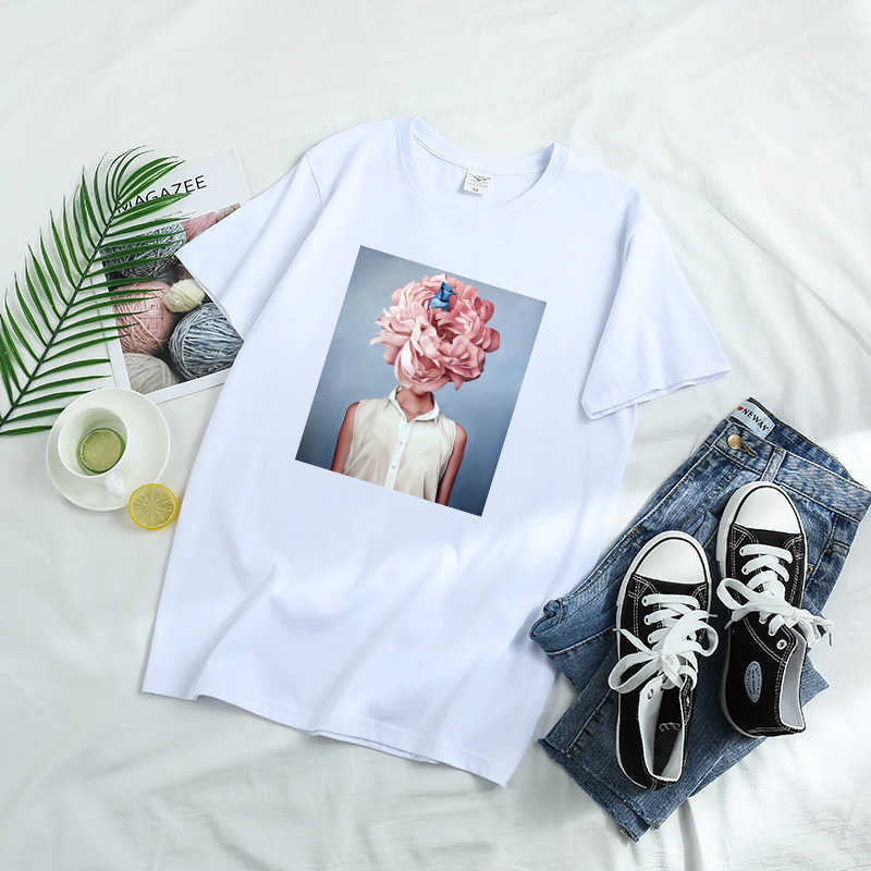 100% Cotton Aesthetic Feather Flowers Printing T-shirt Fashion Harajuku O Neck Short Sleeve Summer Female Tees W726 210526