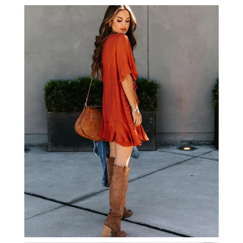 Women's V-neck Pleated Lace Hem Simple Short Sleeve Dress Two Piece