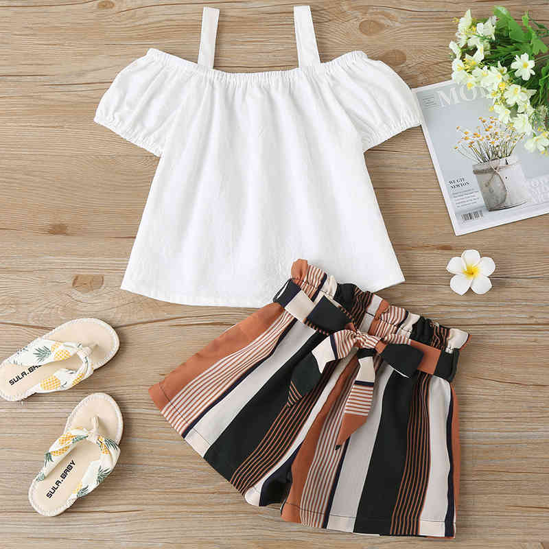 Girl Clothes Set Summer Solid Color Strapless Top + Striped Printed Shorts Toddler Casual Children 2Pcs 210515