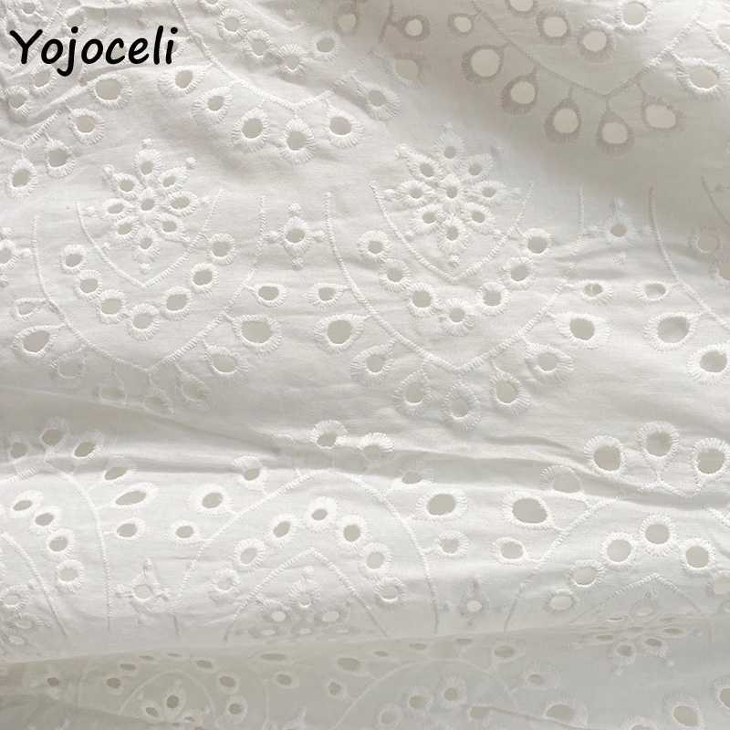 Yojoceli spring summer cotton embroidery dres v neck hollow out skater 210609