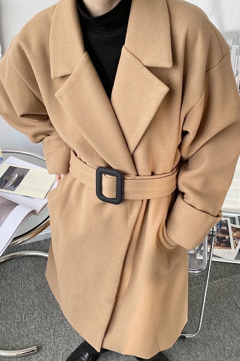IEFB Men's Button Decorative Belt Bandage Waist Woolen Coat Oversize Mid Length Clothes Thick Male's Coats Long Sleeve Y4926 210524
