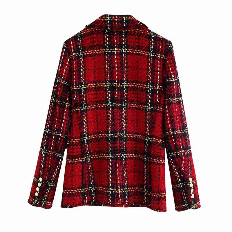 Vintage Women Red Plaid Coats Fashion Ladies Woolen Double Breasted Jackets Elegant Female Chic Notched Collar Blazers 210430