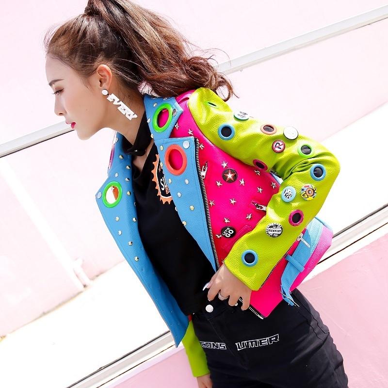 Women's Leather & Faux ASYMSAY Autumn Ladies Coats Hip Hop Hit Color Rivet Star Hollow Out Jackets Harajuku Pattern Print Coat Women AC5849, Black 
Women's Leather & Faux ASYMSAY Autumn Ladies Coats Hip Hop Hit Color Rivet Star Hollow Out Jackets Harajuku Pattern Print Coat Women AC5849, Black