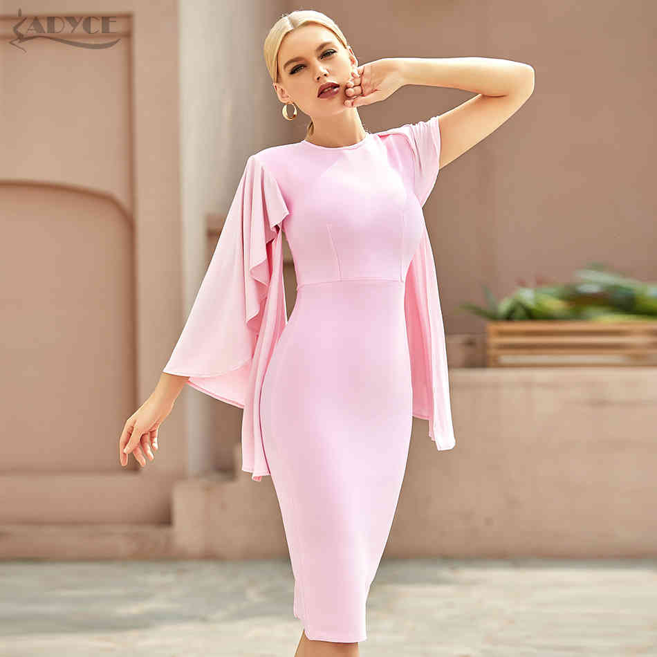Summer Women Pink Ruffles Bodycon Bandage Dress Sexy O Neck Midi Celebrity Evening Club Party Chic Ladies Dresses 210423