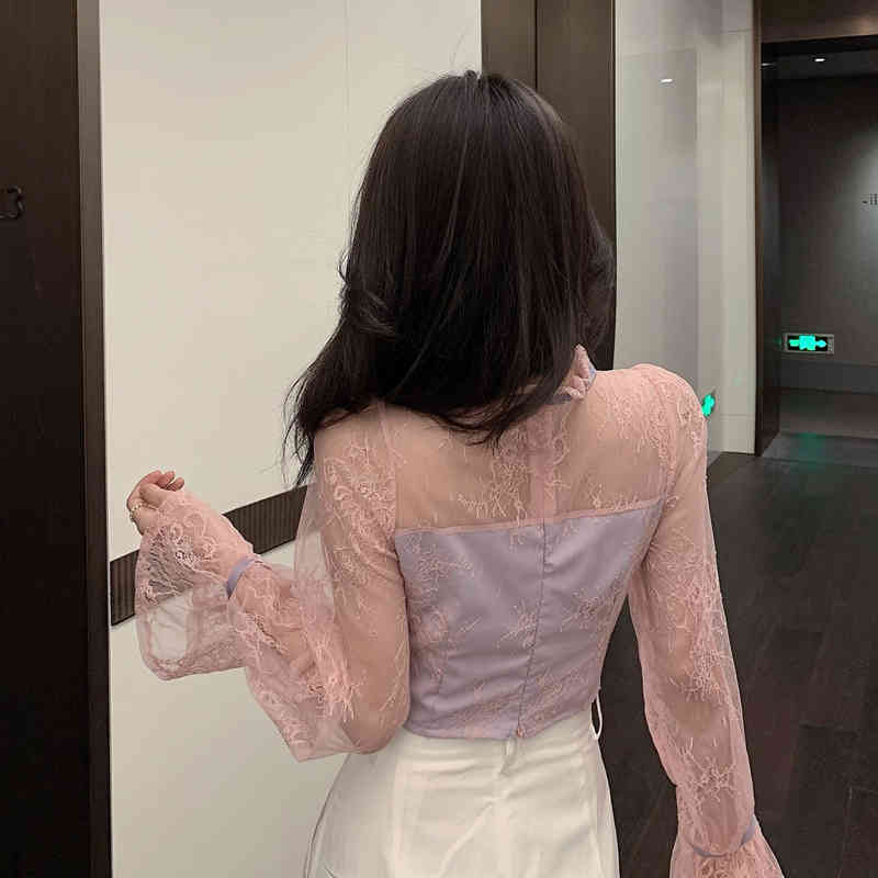 Nomikuma Korean Perspective Patchwork Lace Shirt Korean Bow Tie Stand Neck Flare Long Sleeve Blouse Spring New Blusas 6D730 210427