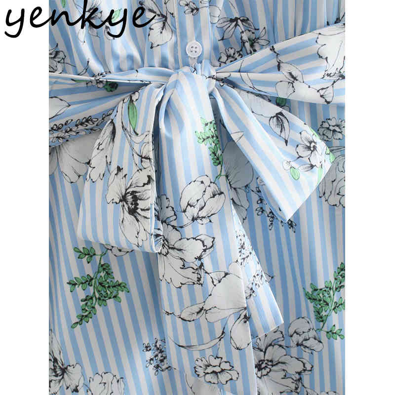 Spring Women Blue Striped Floral Print Shirt Dress Female Lapel Collar With Belt A-line Casual Vestido Plus Size 210430