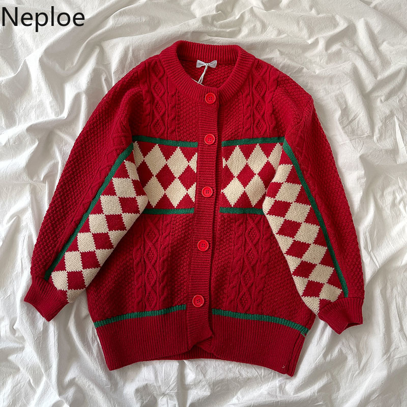 Neploe Sweaters for Women Winter Clothes Knitted Plaid Casual Cardigan O-neck Long Sleeve Loose Sueter Coat Female 4H095 210422