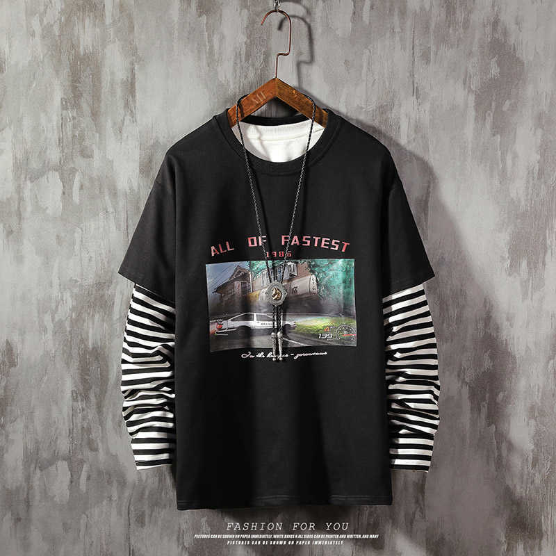 LIFENWENNA Fashion Patchwork Sweatshirts Fast Print Car Hoodies Sweatshirt Men Auturm O Neck Striped Sweatshirt For Men Pullover 210528