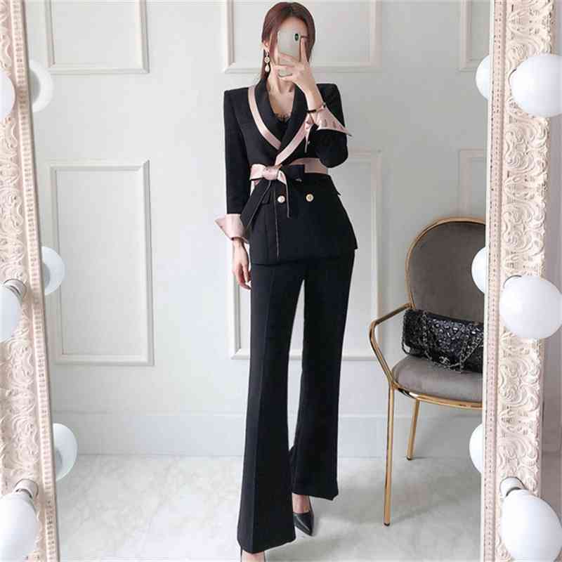 High Quality Spring Women Elegant Business Office OL Double breasted Hit Color Blazer Coat + Waist Flare Pants Suit 210519