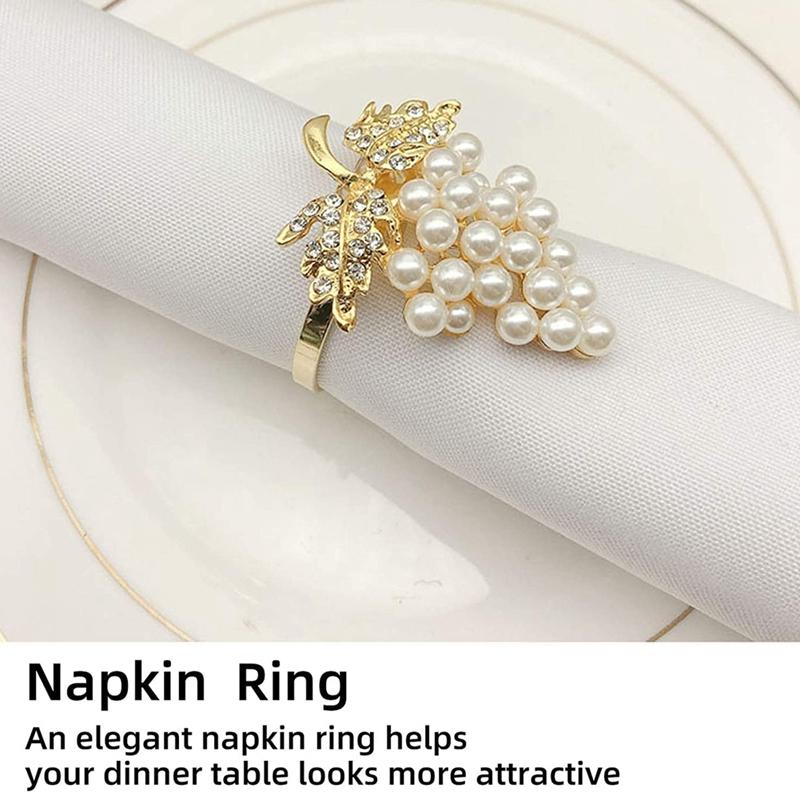 Napkin Rings Grapes Set Of 6, With Glittering Imitation Diamond And Pearls Inlay Alloy Ring Holder