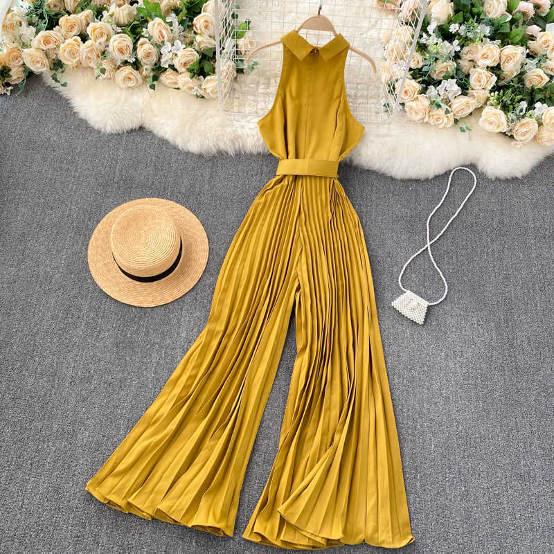 Women's Fashion Feminine Slim Single Breasted Pleated Wide Leg Jumpsuits Sleeveless Solid Color Overalls Q548 210527