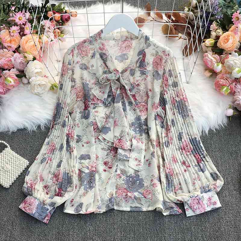 Ladies Tops Fashion Chiffon Blouses Women V-neck Lace Up Bow Lantern Sleeve Blusas Floral Pleated Shirt Femme 210519