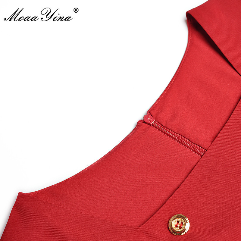 Summer Runway Elegant Party Dress Women Casual Square collar High waist Black/Red Short sleeve A-Line Midi 210524