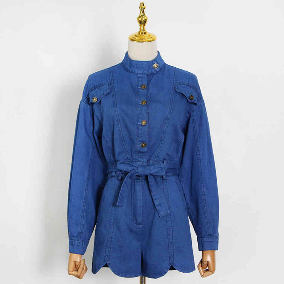 Fashion Women's Suit Top High Waist Denim Shorts Ladies 2 Piece Set Casual Button Blue 210525