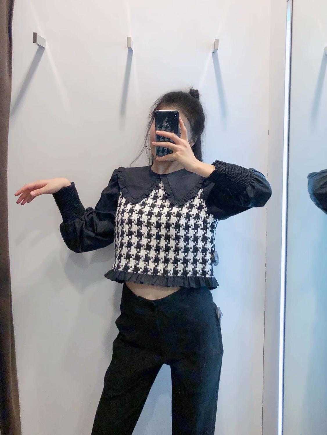 Zevity Women O Neck Puff Sleeve Patchwork Houndstooth Casual Smock Shirts Ladies Roupas Femininas Short Blouses Tops LS7351 210603