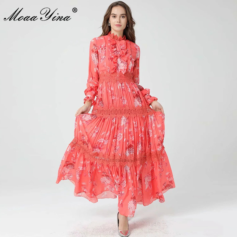 Spring Runway Elegant Party Dress Women Lace Patchwork Full Sleeve Vintage Floral Print Long Holiday 210524