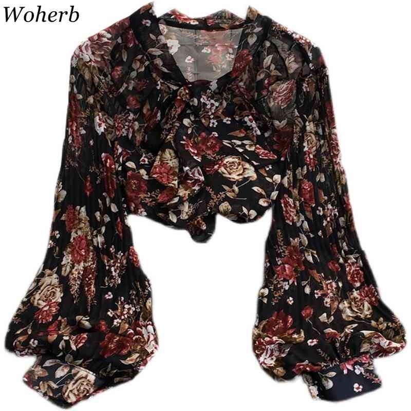 Ladies Tops Fashion Chiffon Blouses Women V-neck Lace Up Bow Lantern Sleeve Blusas Floral Pleated Shirt Femme 210519
