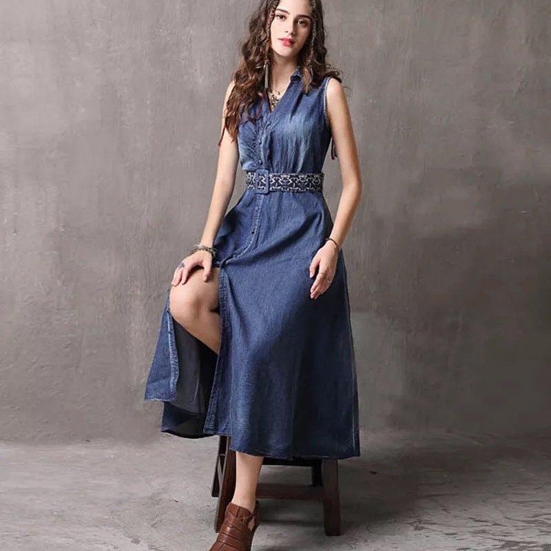 elegant v-neck denim single breasted dress femmal casual daily maxi dresses with belt summervestidos chic plus size 2XL 210421