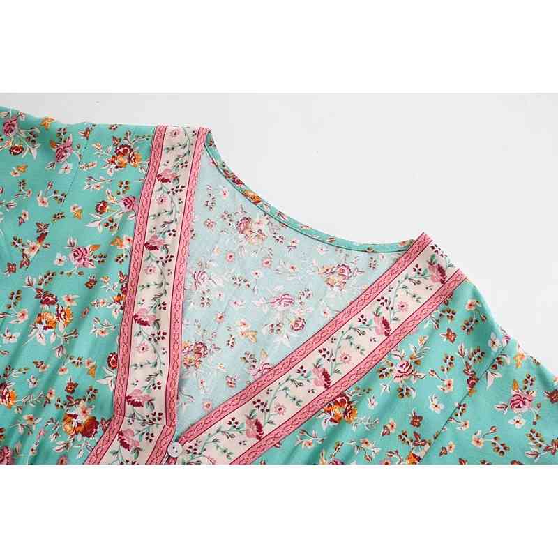 3 COLORS BOHO Buttons V neck Floral print Bohemia Dress Summer Ethnic Woman Short Sleeve Tie Bow Strappy Maxi Long Dresses 210429