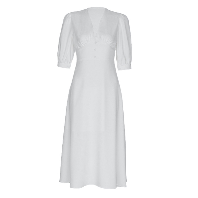 Summer Women Single Breasted Mid-Calf White Dresses Elegant Korea Chic Solid Long Dress 210520
