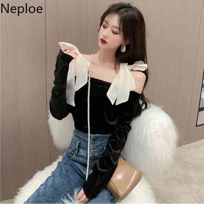 Neploe Sexy Shirt Slash Neck Off Shoulder Velvet Blouse Women Vintage Bow Lace Up Slim Blusas Fashion Long Sleeve Fashion Top 210422